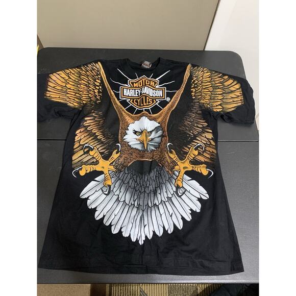 Harley Davidson Bald Eagle Biker Modern Boot Single Stitch AOP Tee Size XL - Picture 2 of 15
